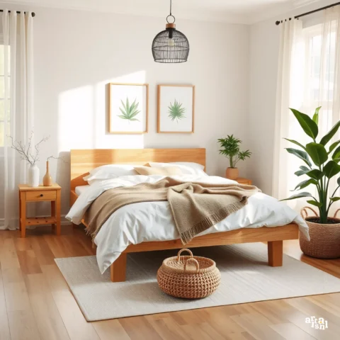 Calming Cozy Bedroom with Natural Sunlight and Wooden Furniture