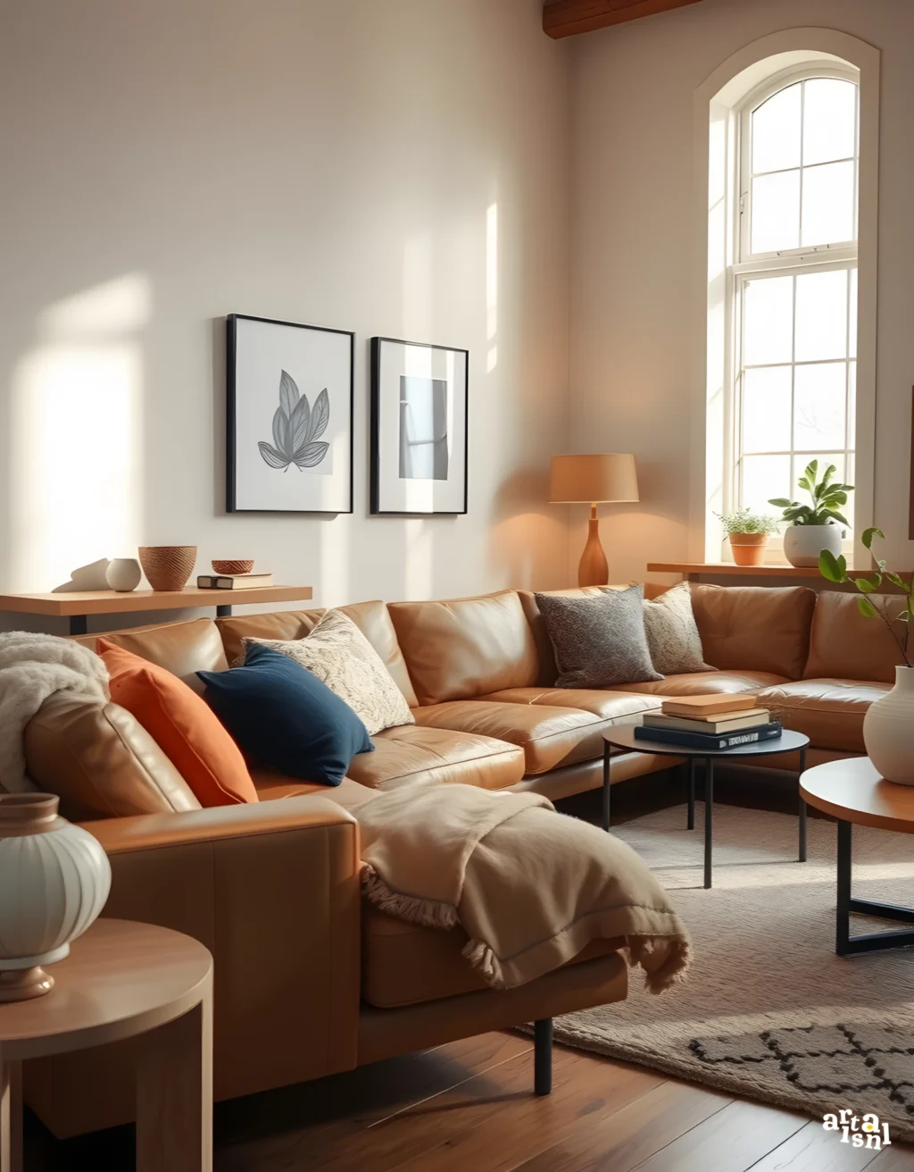 Bright and Airy Leather Sofa Living Room Artisanal Home Goods-23